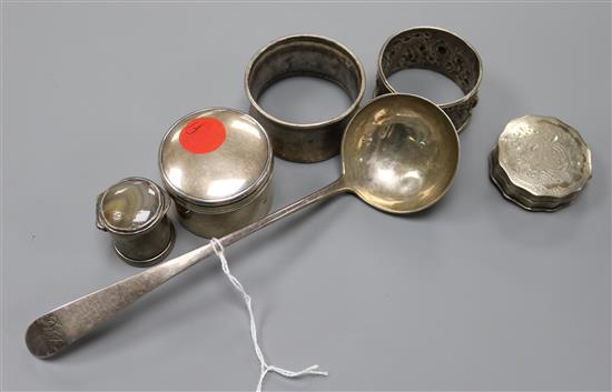 Two silver napkin rings, a 19th century Scottish? ladle and three boxes including Dutch white metal.